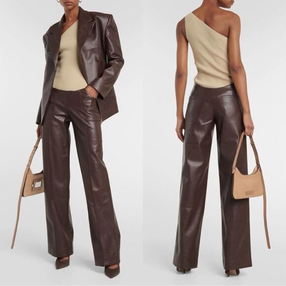 AYA Muse Ari Low waist wide leg faux leather pants in burgundy - Picture 1 of 8